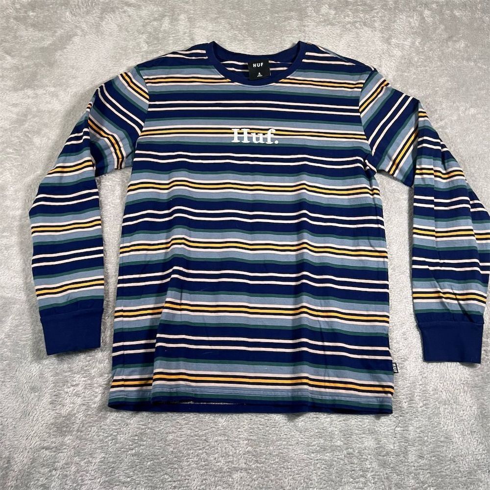 HUF T-Shirt Men's Size Small Gray Black Striped Long Sleeve Crew‎ Neck Casual